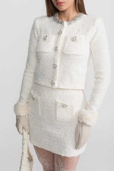 Blazer de Tweed con Cristales y Botones – Blanco
