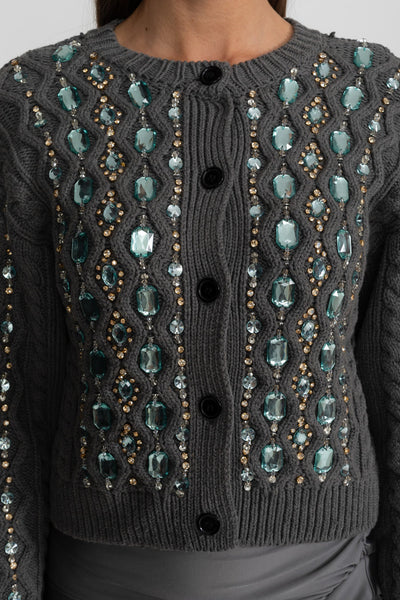 Cárdigan de Punto Trenzado con Piedras Decorativas – Gris Marengo