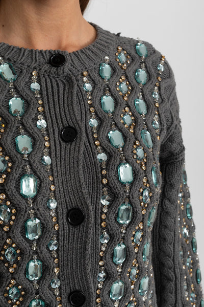 Cárdigan de Punto Trenzado con Piedras Decorativas – Gris Marengo