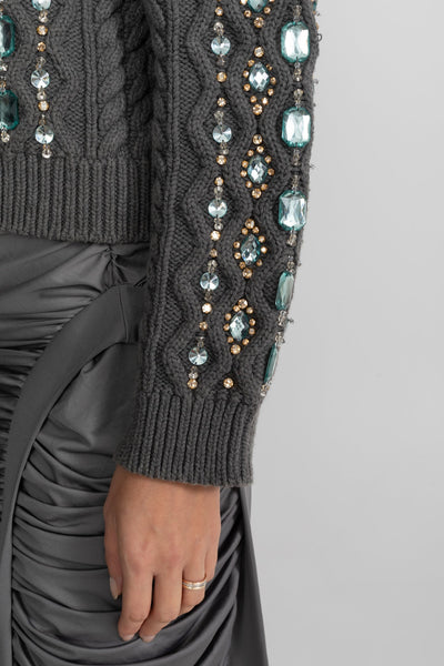 Cárdigan de Punto Trenzado con Piedras Decorativas – Gris Marengo