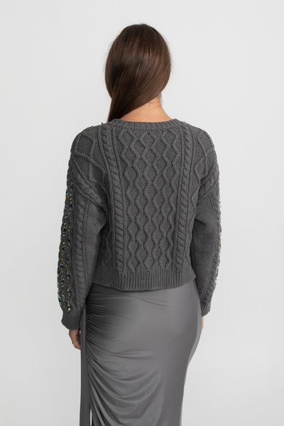 Cárdigan de Punto Trenzado con Piedras Decorativas – Gris Marengo