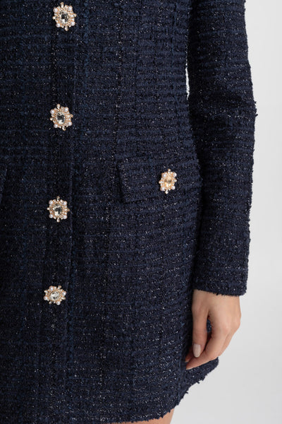 Vestido Mini de Tweed Texturizado con Botones de Cristal – Azul Marino