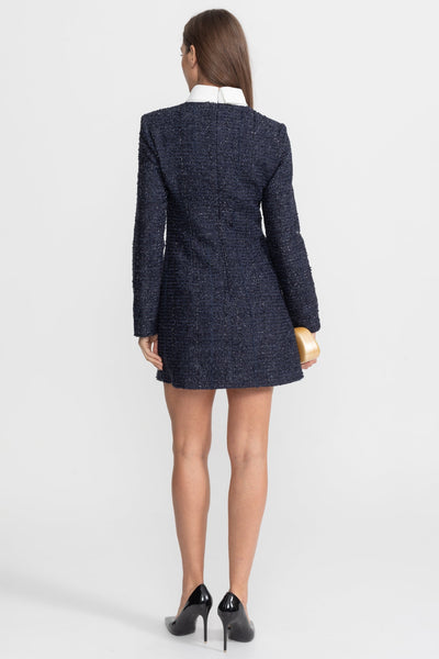 Vestido Mini de Tweed Texturizado con Botones de Cristal – Azul Marino