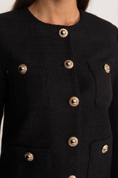 Blazer de Tweed con Puños de Pelo y Botones Dorados – Negro