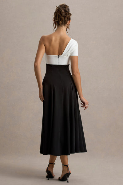 Malta | Vestido Midi Blanco y Negro con Un Solo Hombro