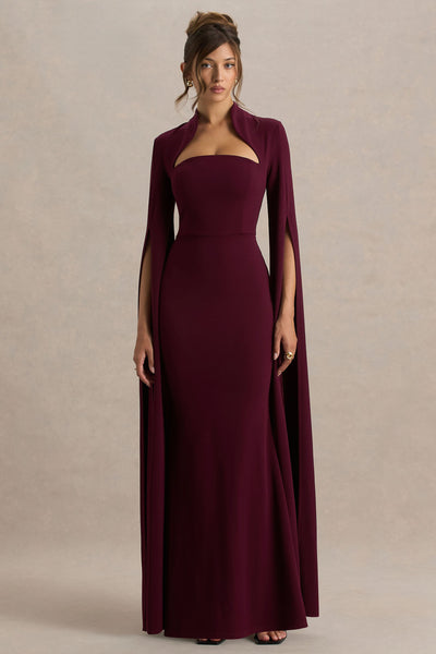 Esme | Vestido Largo Burdeos con Escote Cuadrado y Mangas Tipo Capa