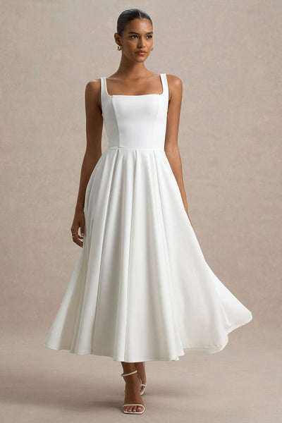 Parina | Vestido midi blanco con escote cuadrado y falda voluminosa