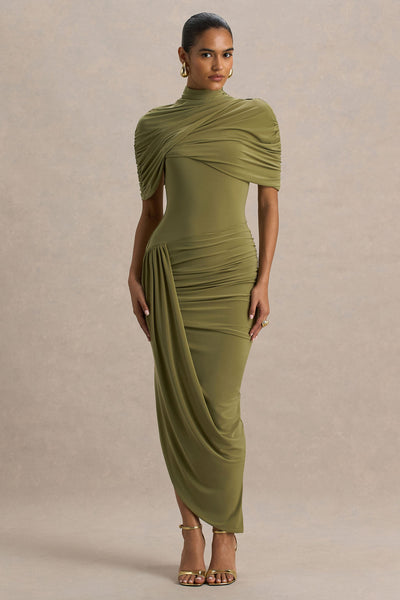 Enchant | Vestido Midi Verde Oliva Con Cuello Alto Y Mangas Capa Asimétricas