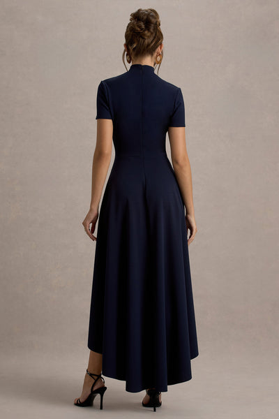 Bellona | Vestido midi azul marino con mangas cortas y falda asimétrica