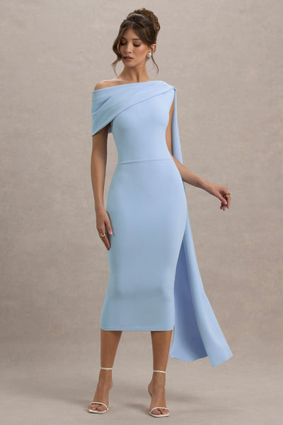 Niamh | Vestido Midi Azul Polvo Asimétrico Con Drapeado