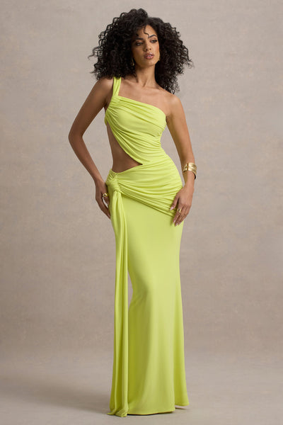 Giovanna | Vestido largo en verde lima con detalles cut out y drapeados