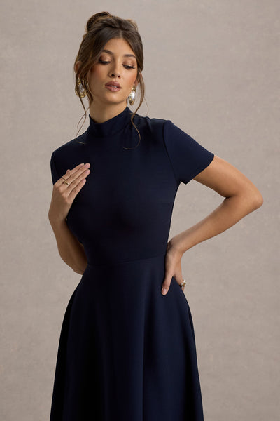 Bellona | Vestido midi azul marino con mangas cortas y falda asimétrica