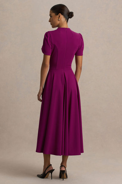 Vicky | Vestido Midi Color Morera Con Escote Alto Y Mangas Abullonadas