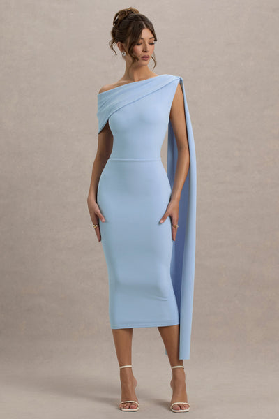 Niamh | Vestido Midi Azul Polvo Asimétrico Con Drapeado