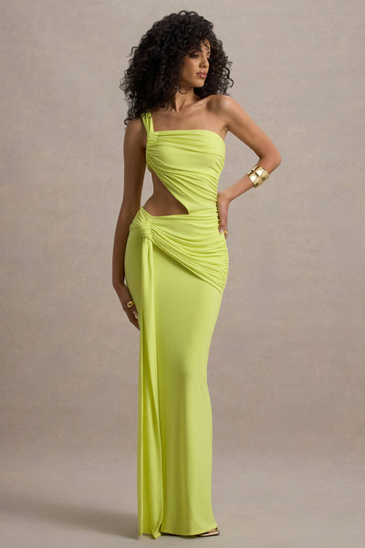 Giovanna | Vestido largo en verde lima con detalles cut out y drapeados