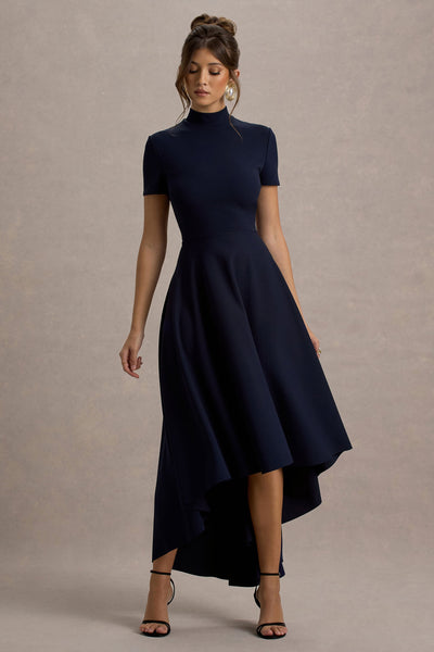 Bellona | Vestido midi azul marino con mangas cortas y falda asimétrica
