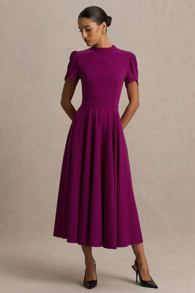 Vicky | Vestido Midi Color Morera Con Escote Alto Y Mangas Abullonadas
