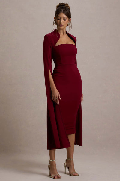 Linden | Vestido midi ajustado al cuerpo con mangas capa en color baya