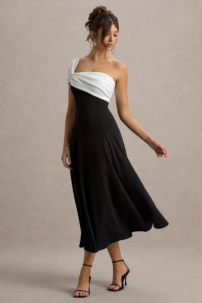 Malta | Vestido Midi Blanco y Negro con Un Solo Hombro