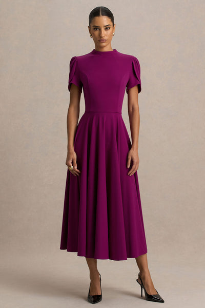 Vicky | Vestido Midi Color Morera Con Escote Alto Y Mangas Abullonadas