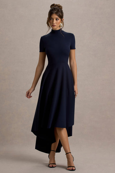 Bellona | Vestido midi azul marino con mangas cortas y falda asimétrica