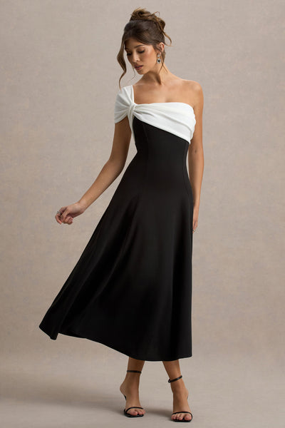 Malta | Vestido Midi Blanco y Negro con Un Solo Hombro