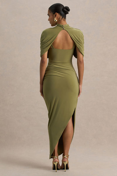 Enchant | Vestido Midi Verde Oliva Con Cuello Alto Y Mangas Capa Asimétricas