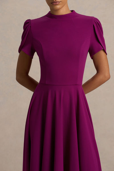 Vicky | Vestido Midi Color Morera Con Escote Alto Y Mangas Abullonadas