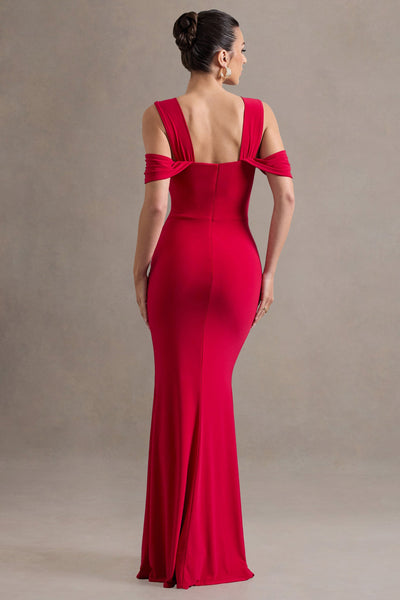 Amoura | Vestido Largo Rojo con escote Cuadrado y Drapeados
