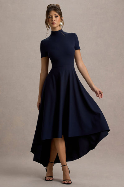 Bellona | Vestido midi azul marino con mangas cortas y falda asimétrica