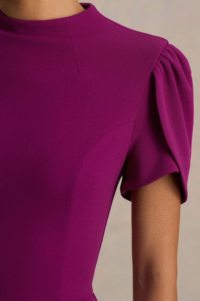 Vicky | Vestido Midi Color Morera Con Escote Alto Y Mangas Abullonadas