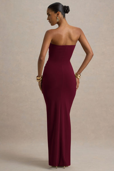 Ali | Vestido Largo Burdeos con Escote Corazón, Drapeado y Lazo