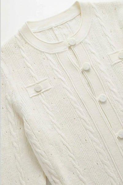 Vestido Midi de Punto con Botones y Detalle Calado – Marfil